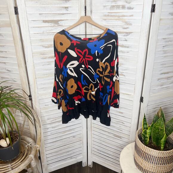 LOGO by LORI GOLDSTEIN Women's Printed Oversized Drop Shoulder Top Black Floral - Picture 2 of 11